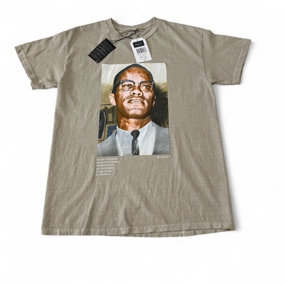 NWT Malcom X Shirt Mens S/M Tan Graphic Activist Leader Freedom Tee - Picture 1 of 6